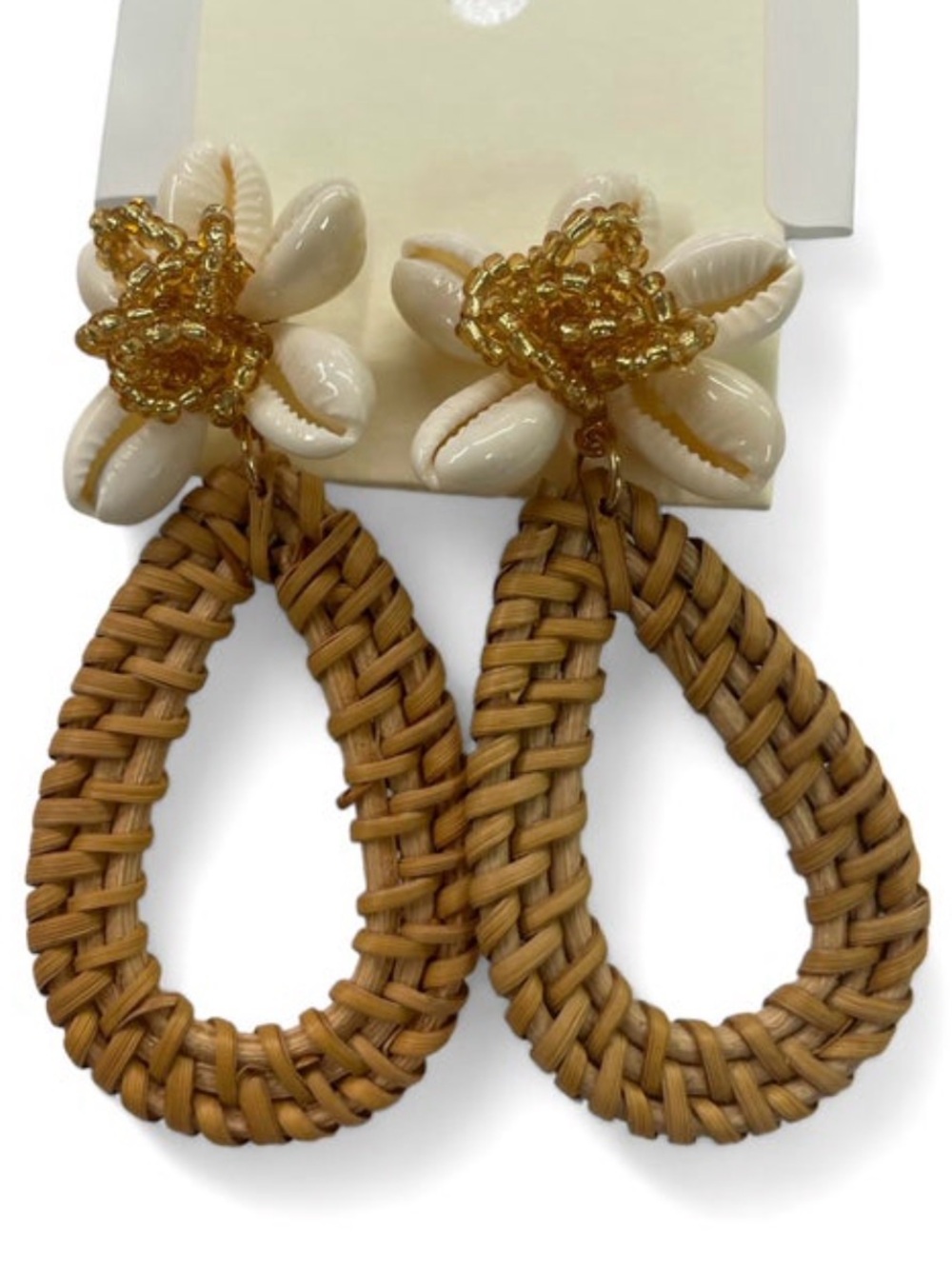 Woven Rattan Teardrop Earrings with Shell Accent - Natural